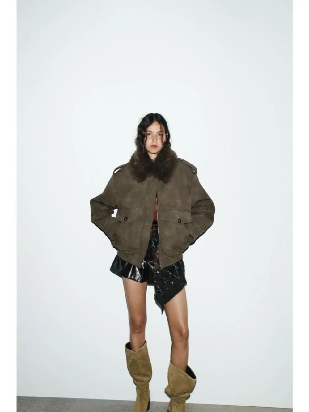 Zara Womens Faux Suede Coat Jacket XS Khaki Removable Collar 4341/785 NWOT